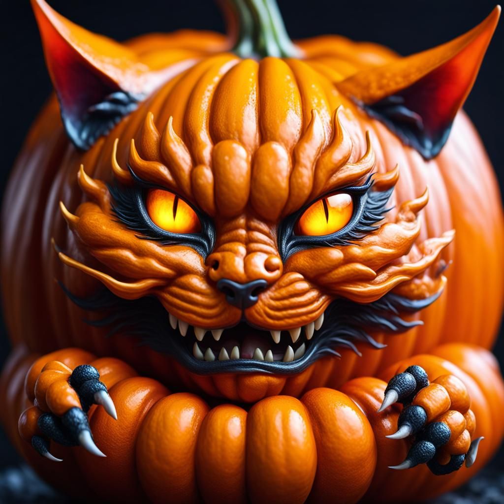 Intricate Pumpkin Cat Demon Macro Photograph