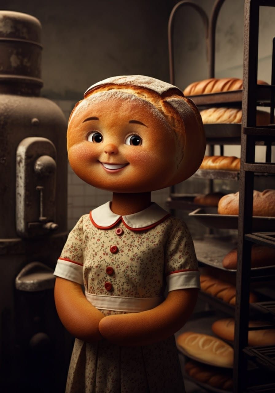 Bread Girl in Abandoned Bakery, Hyperrealistic Art