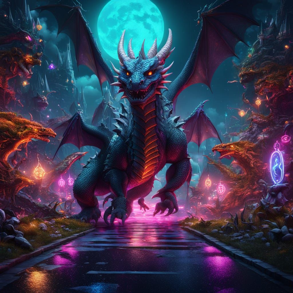Cyberpunk Dragons and Fairies Unite on a Neon Highway