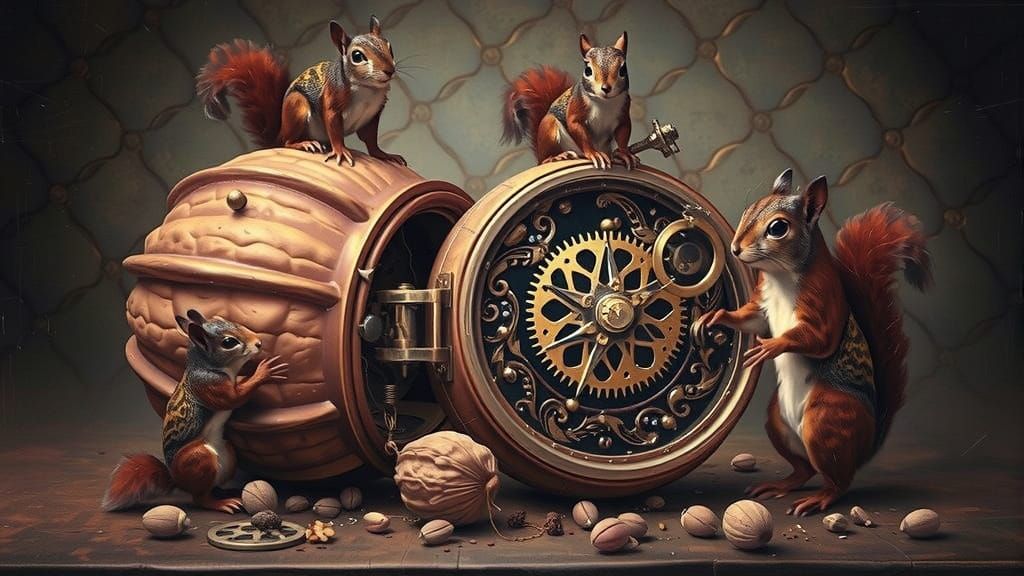 Squirrel Cracking Walnut Safe: Humorous Wildlife Concept
