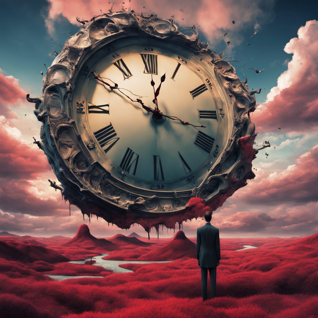 Surrealist Digital Landscape with Melting Clock in Dali Styl...