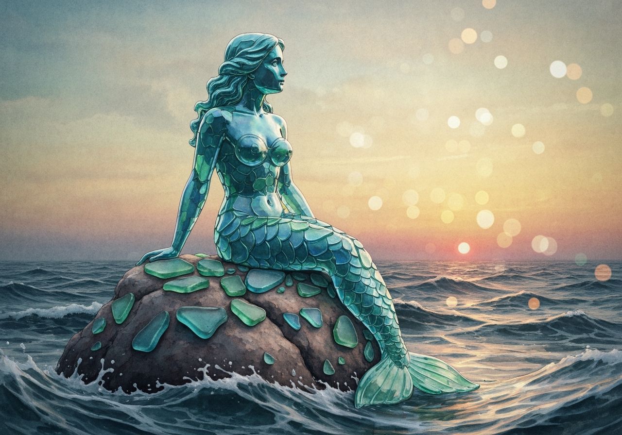 Little Mermaid Statue In Sea Glass with Stormy Sea