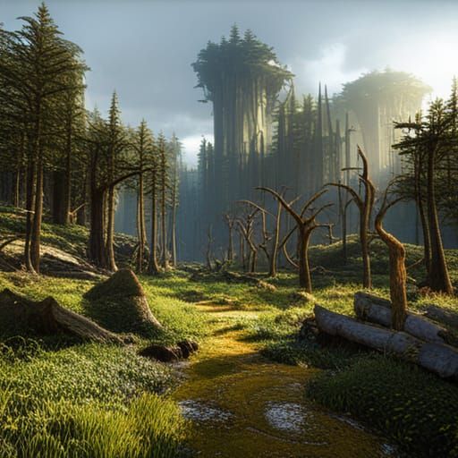 Lush Forest Thrives in Modern City, Detailed Matte Painting