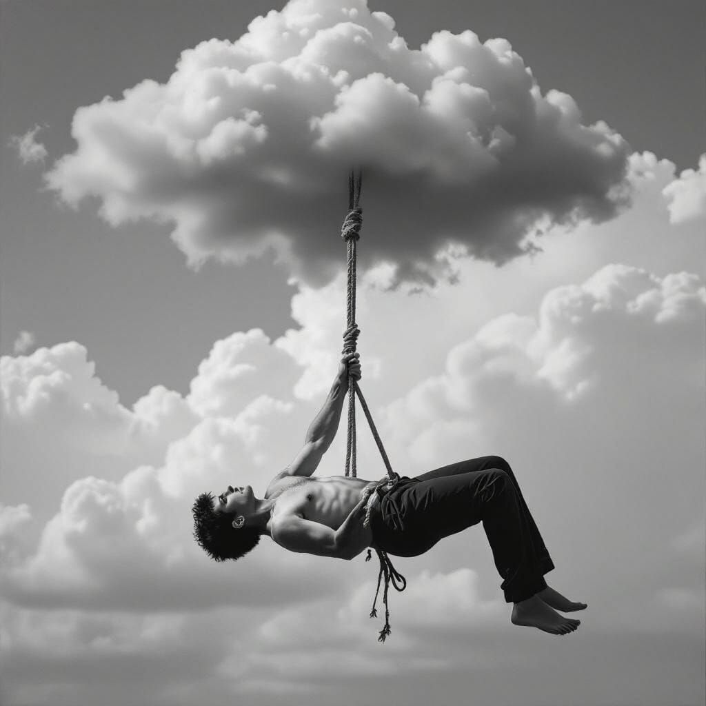 Surreal Man Suspended From Storm Cloud
