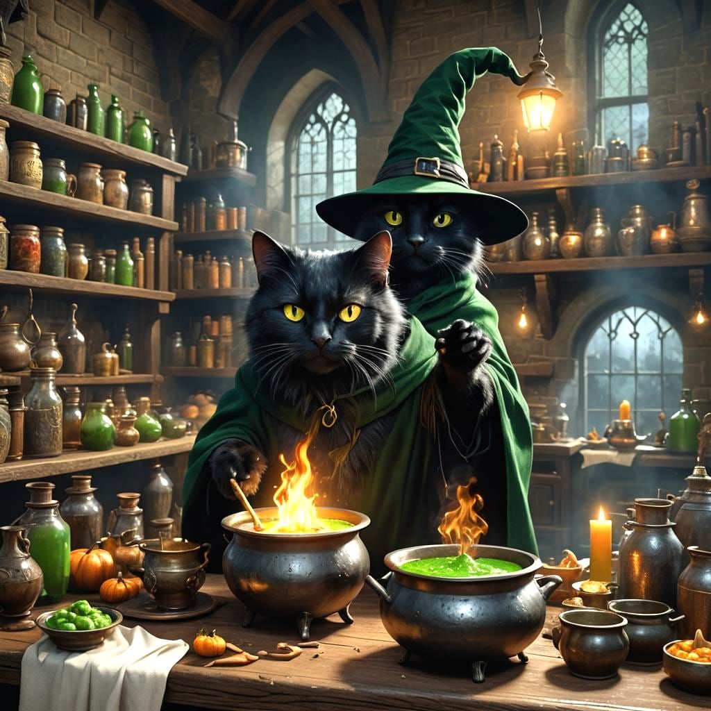 Hyperrealistic Black Cat Witch at Hogwarts