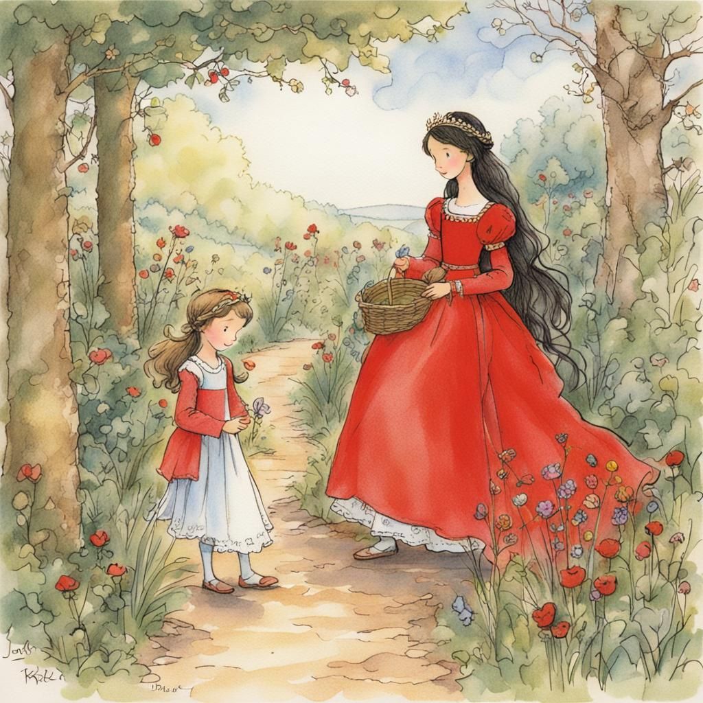 Medieval Princess Discussing Flowers in Crayon Style