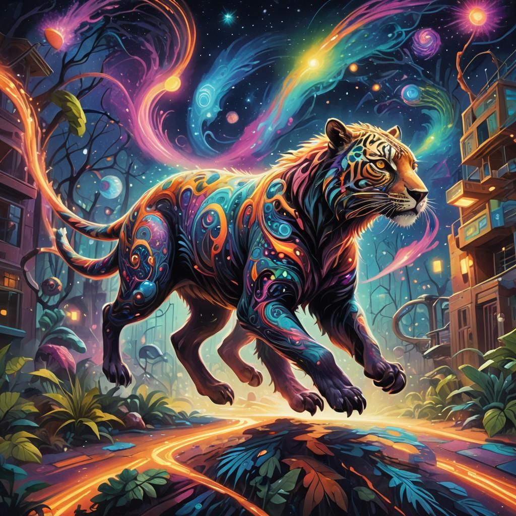 Cosmic Animal Escaping: A Surreal Neon Oil Painting