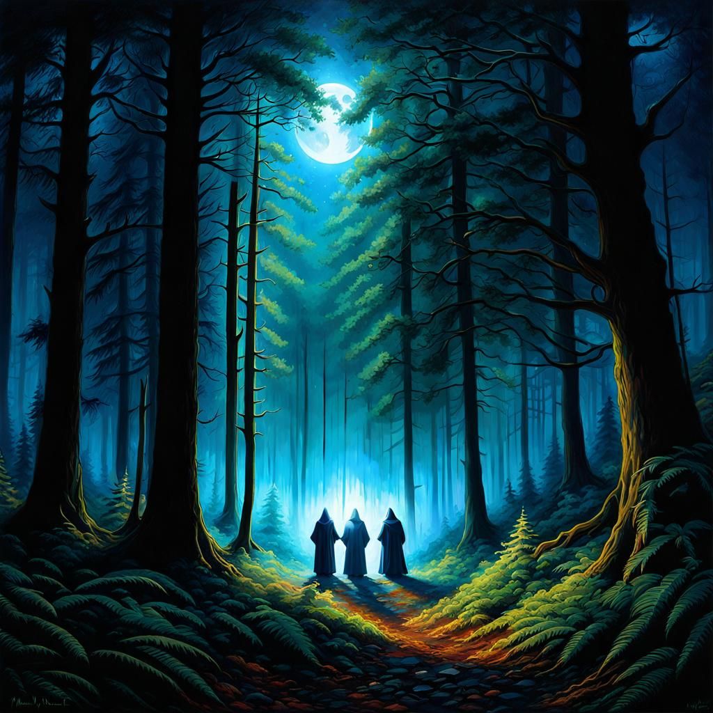 Hooded Figures Meeting in Moonlit Forest: Digital Painting