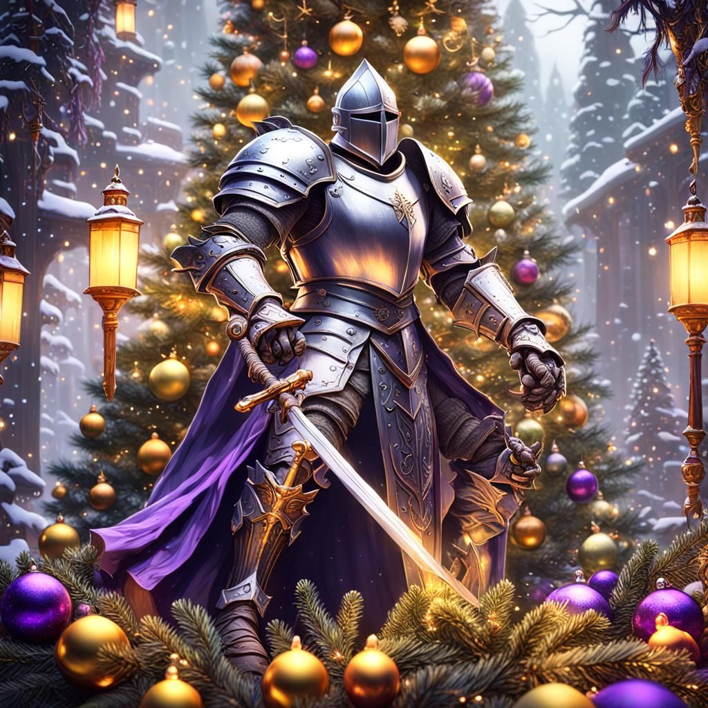 Christmas Knight Decorating Tree in Dark Fantasy Style