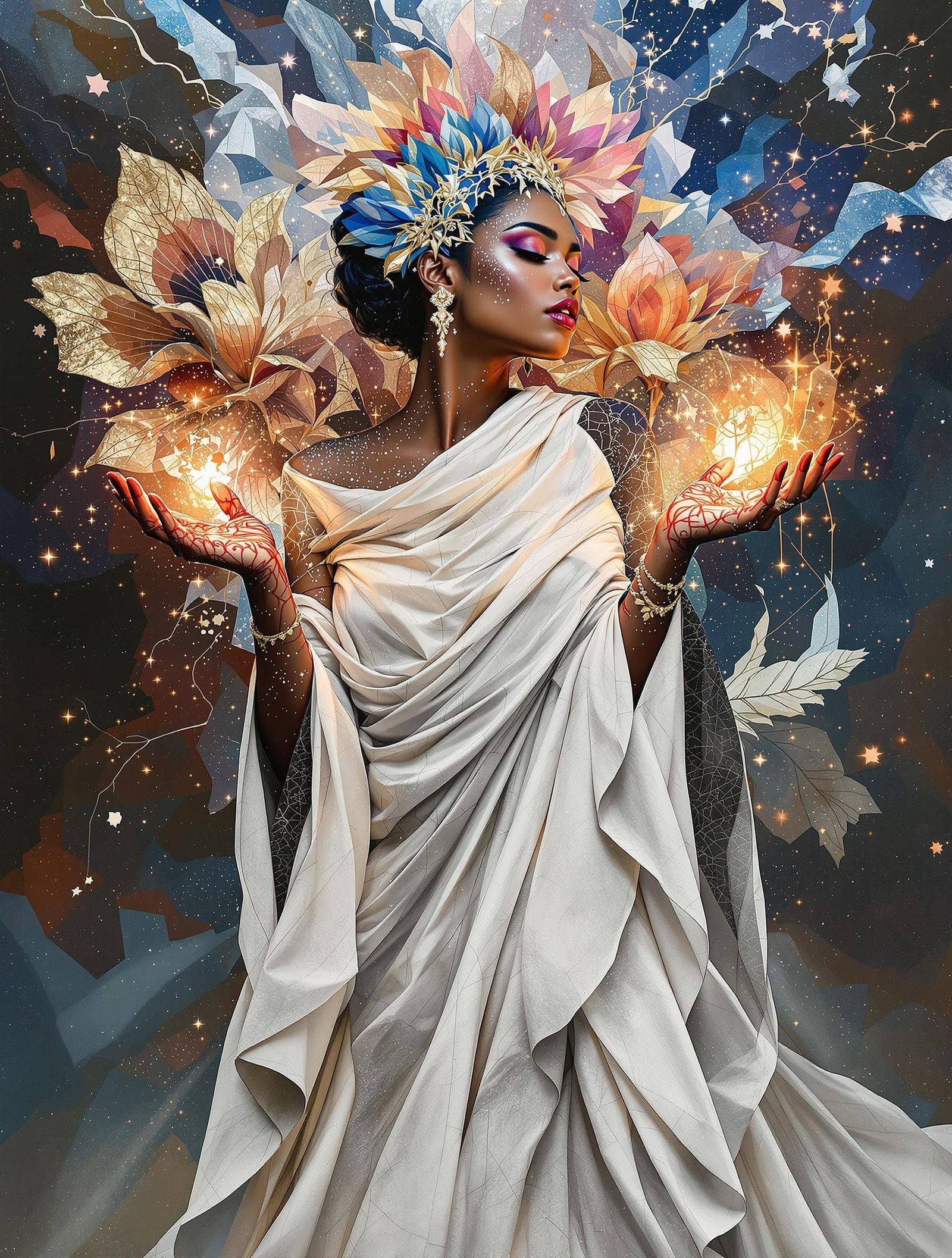 Regal Woman Embodies Elemental Beauty in Surreal Floral Tape...