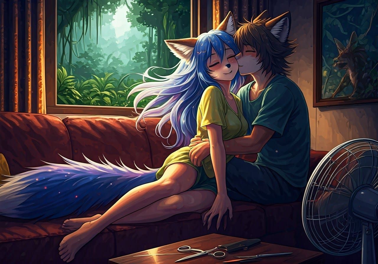 Anthropomorphic Fox Kiss in a 3D Anime Apartment