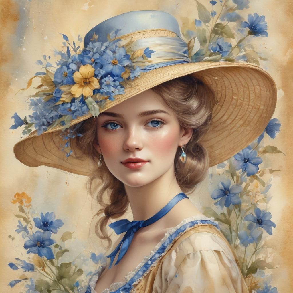 Young radiant elegant 19th century lady with sun hat...