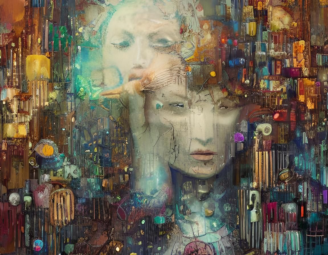 Girl Inside Rainbow in Pointillism Style