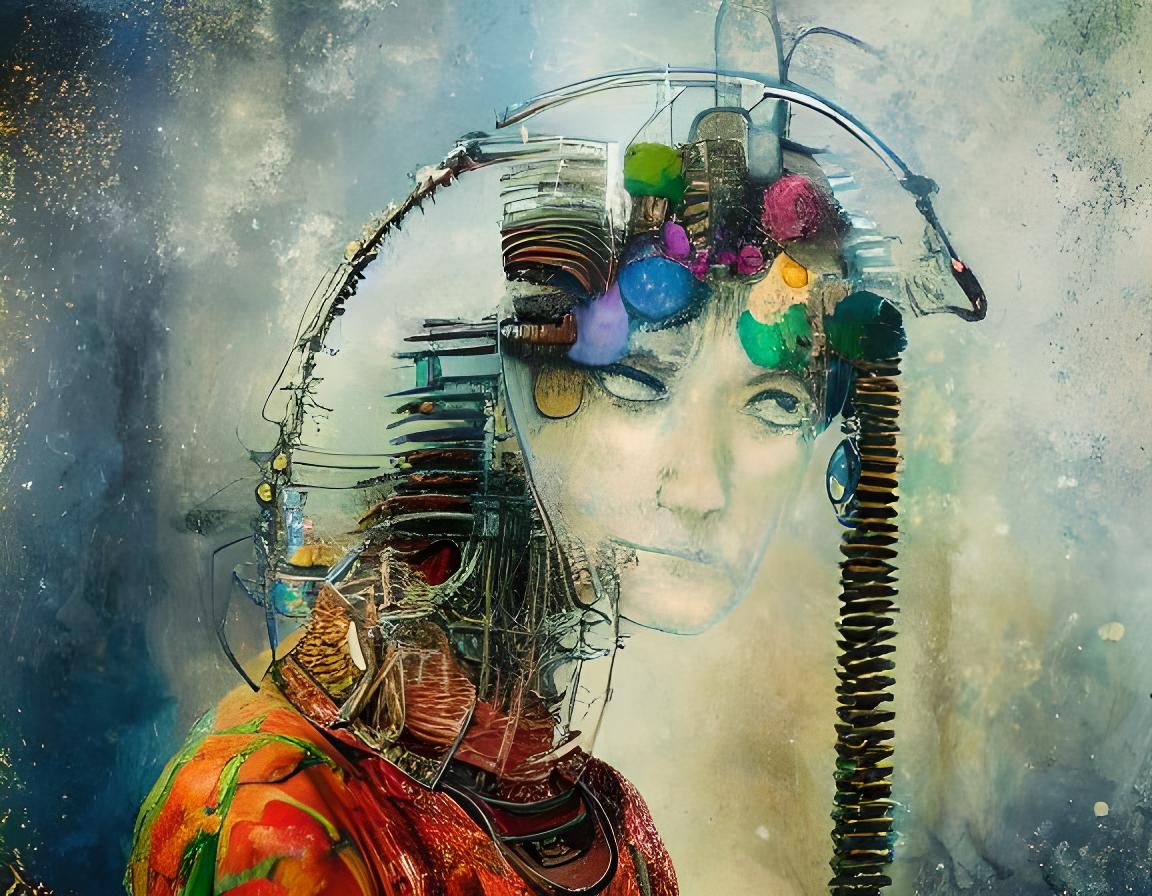 Girl Inside Rainbow in Pointillism Style