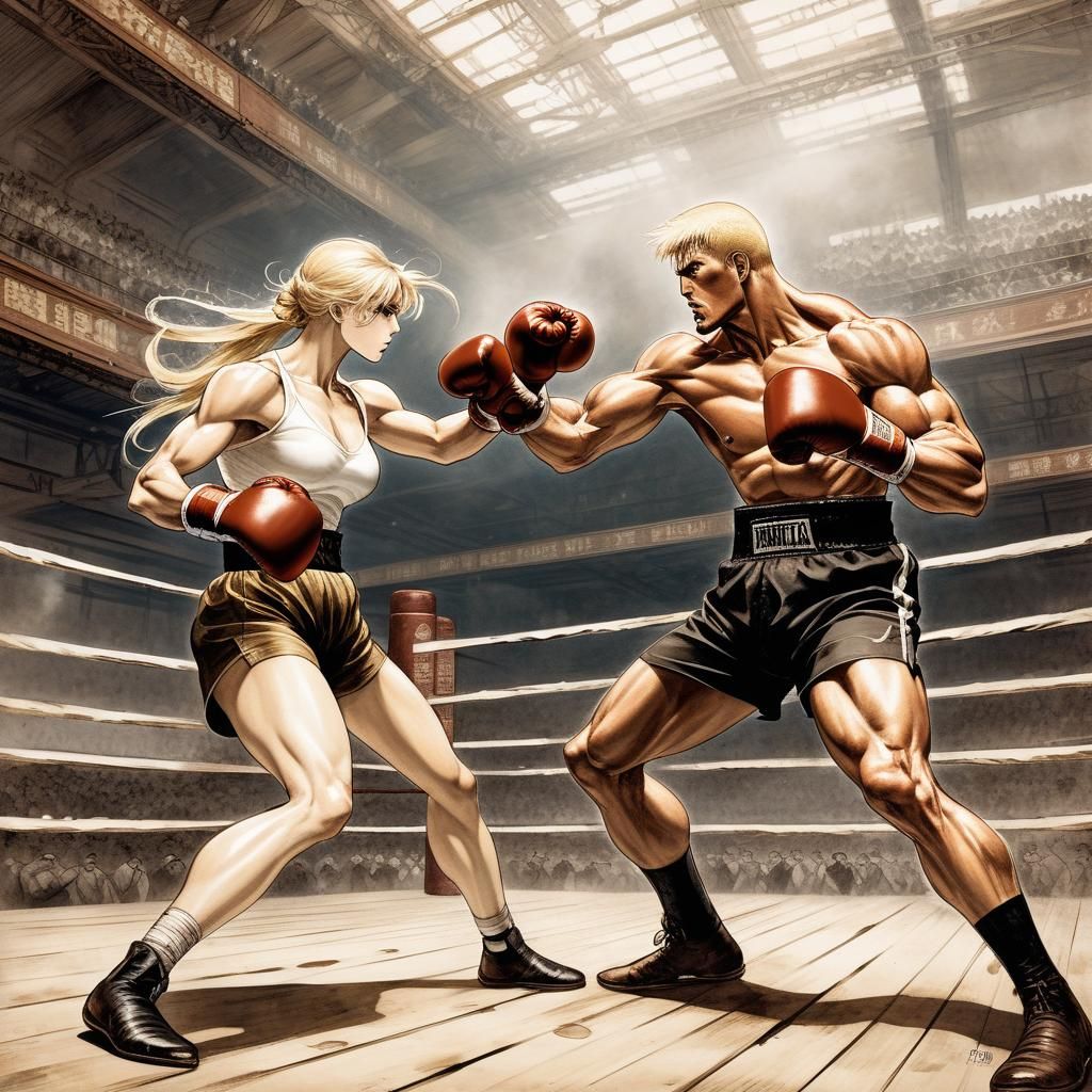 Intense 1900s Boxing Match in Manga Style
