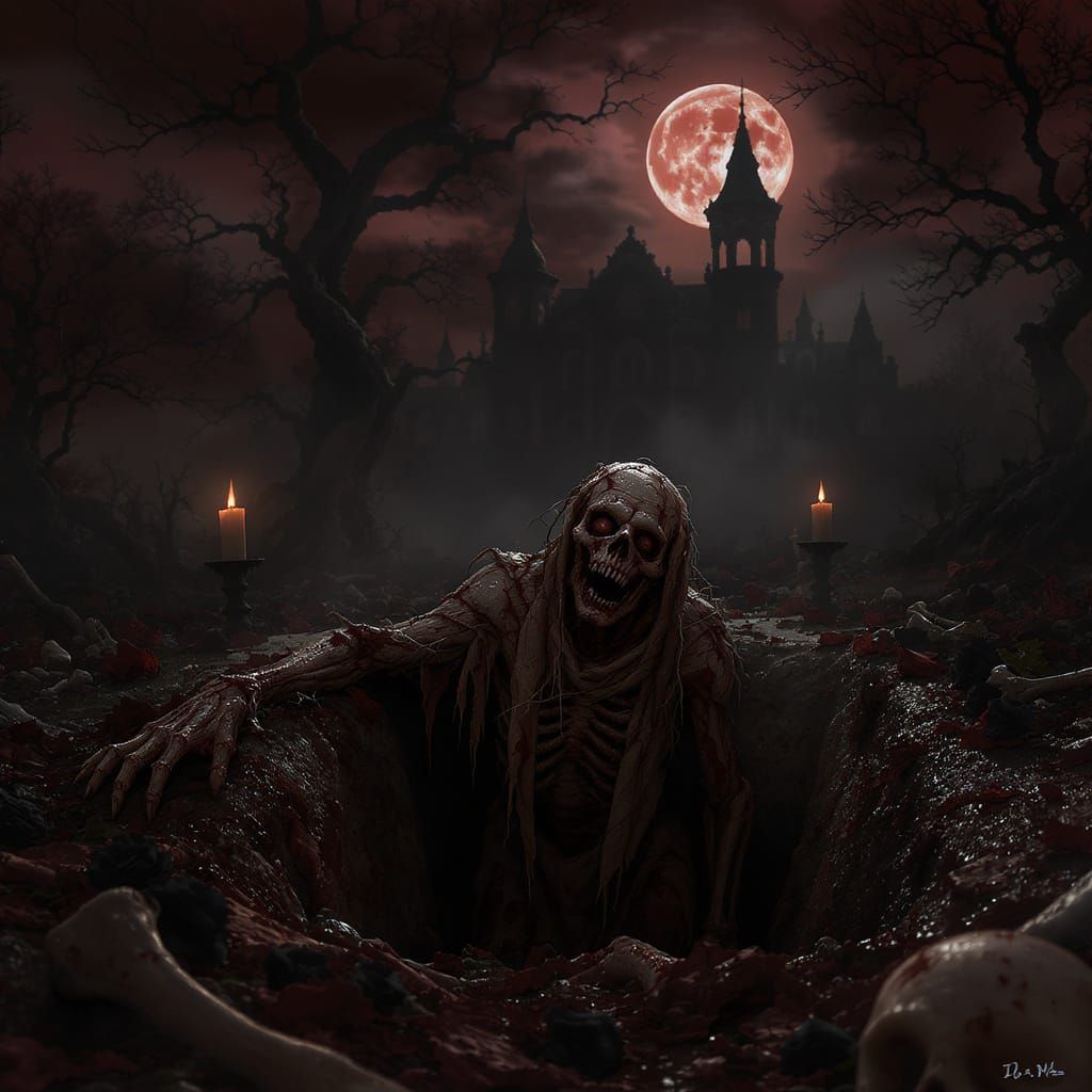 The foulest stench is in the air
The funk of 40, 000 years
And grisly ghouls from every tomb
Are closing in to seal your...