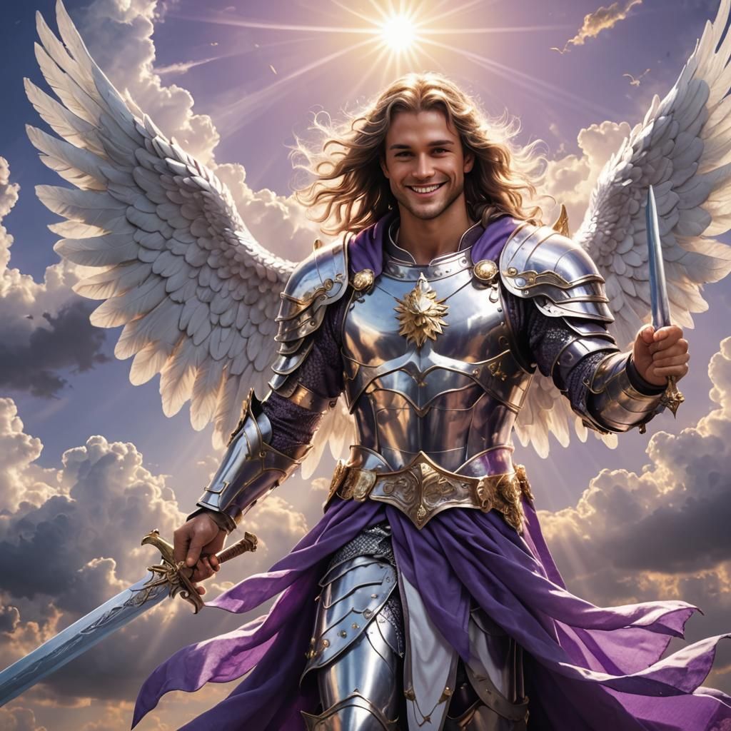 Smiling Angel in Armor with Sword and Wings