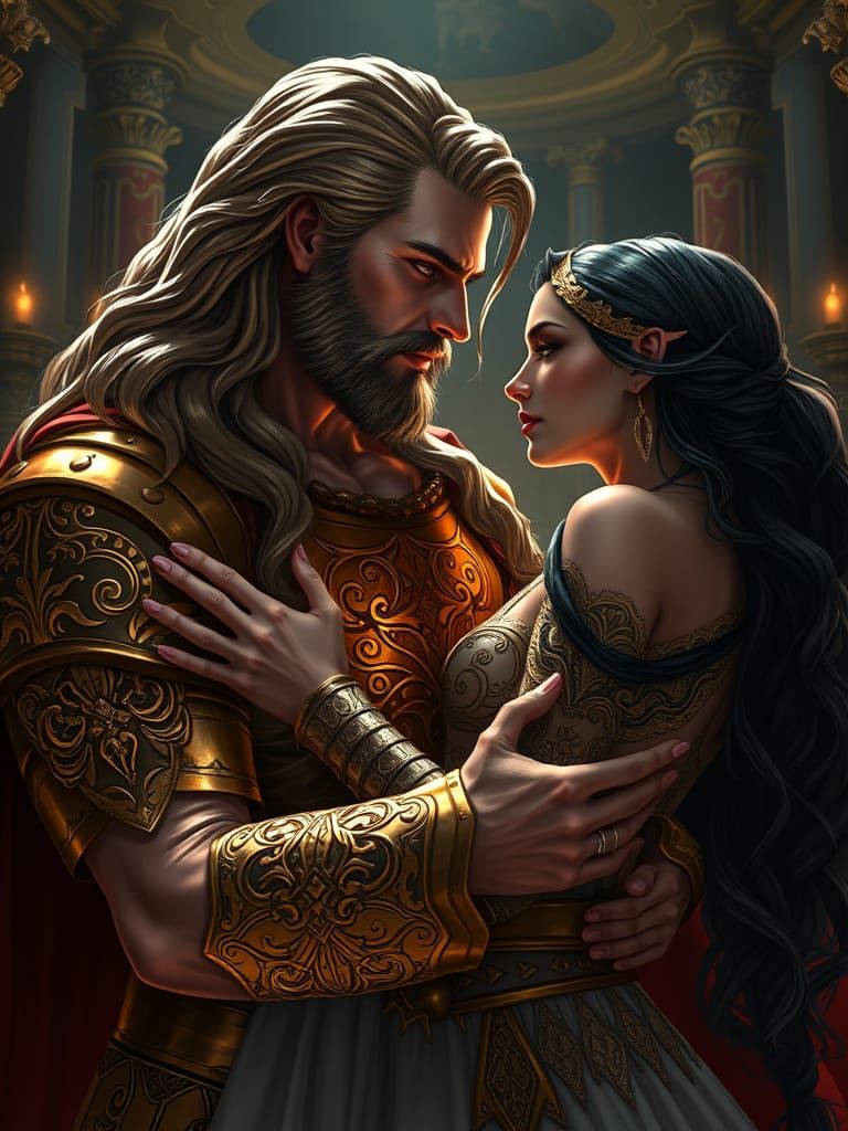 Godly Figure Embracing Enchantress in a Haunting, Futuristic...