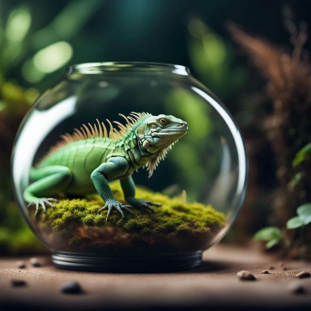 Green Iguana in Terrarium: Macro Photography, Fantasy Art