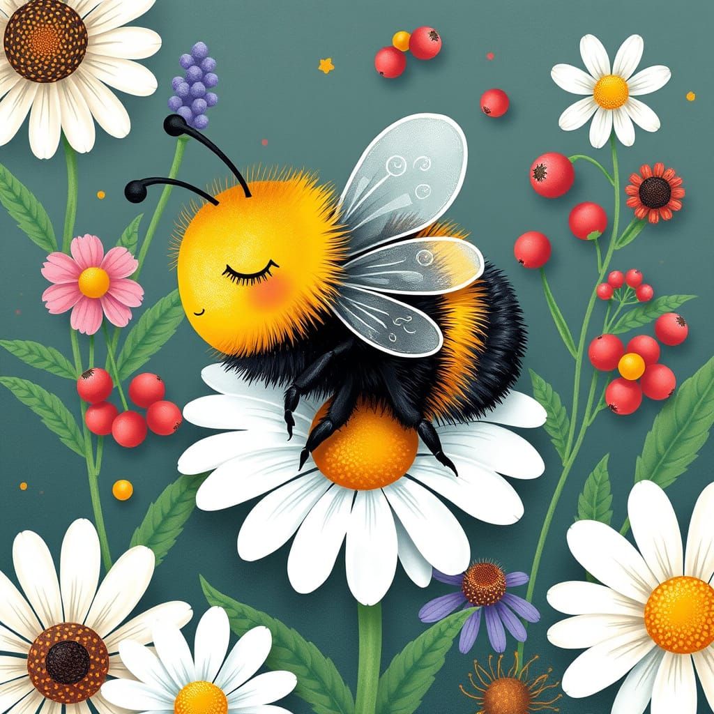 Sleepy Bumblebee in Summer Flowers Illustration