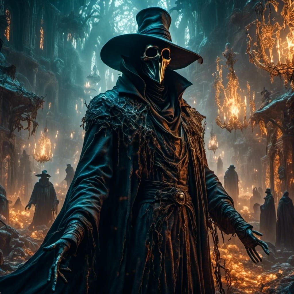 Grim Reaper Leads Plague Doctor Through Inferno