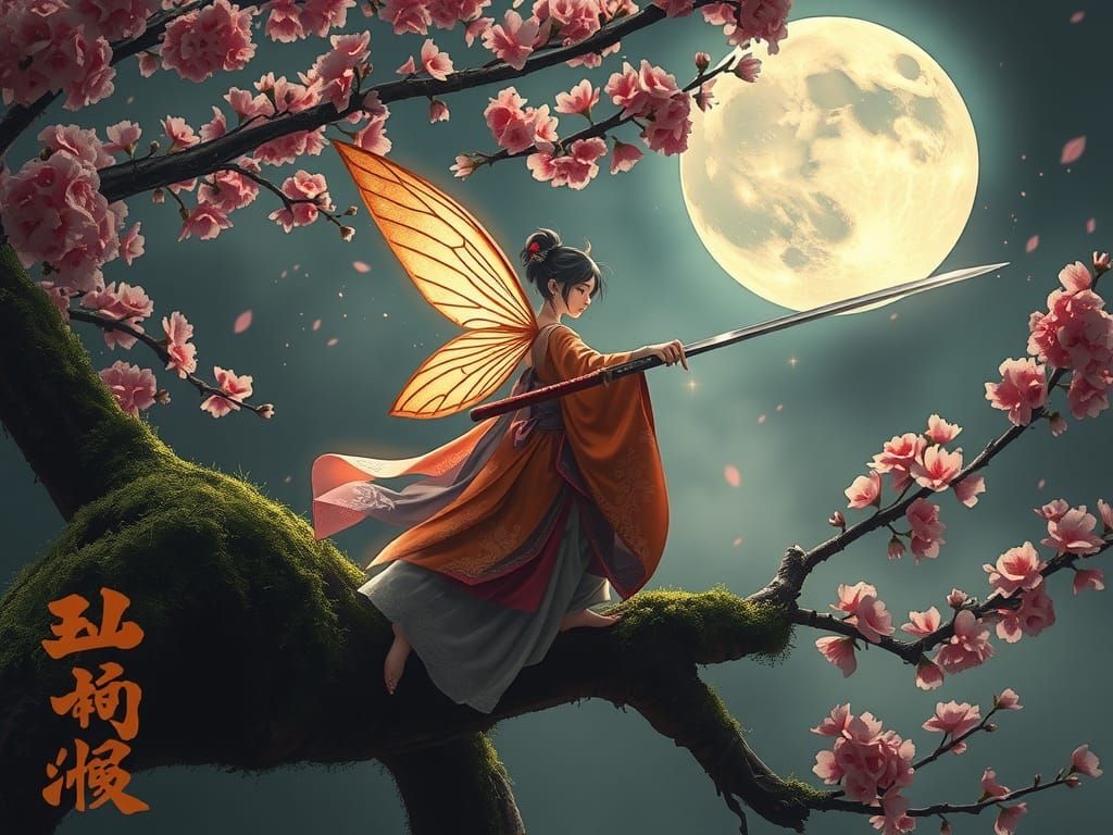 Japanese Fairy Katana Practice Under Giant Moon