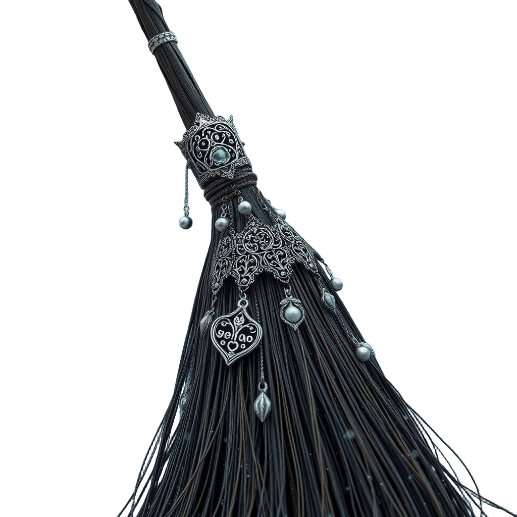 Supernatural, magical, witch broom with silver tones, silver and blue fairy dust