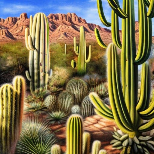 Saguaro Garden Matte Painting in Art Nouveau Style