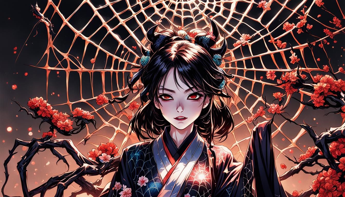 Spider Demon in Kimono on Glistening Web: Anime Art