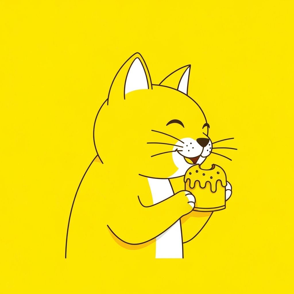 Cartoon Cat Enjoys Chocolate in Minimalist Pop Art