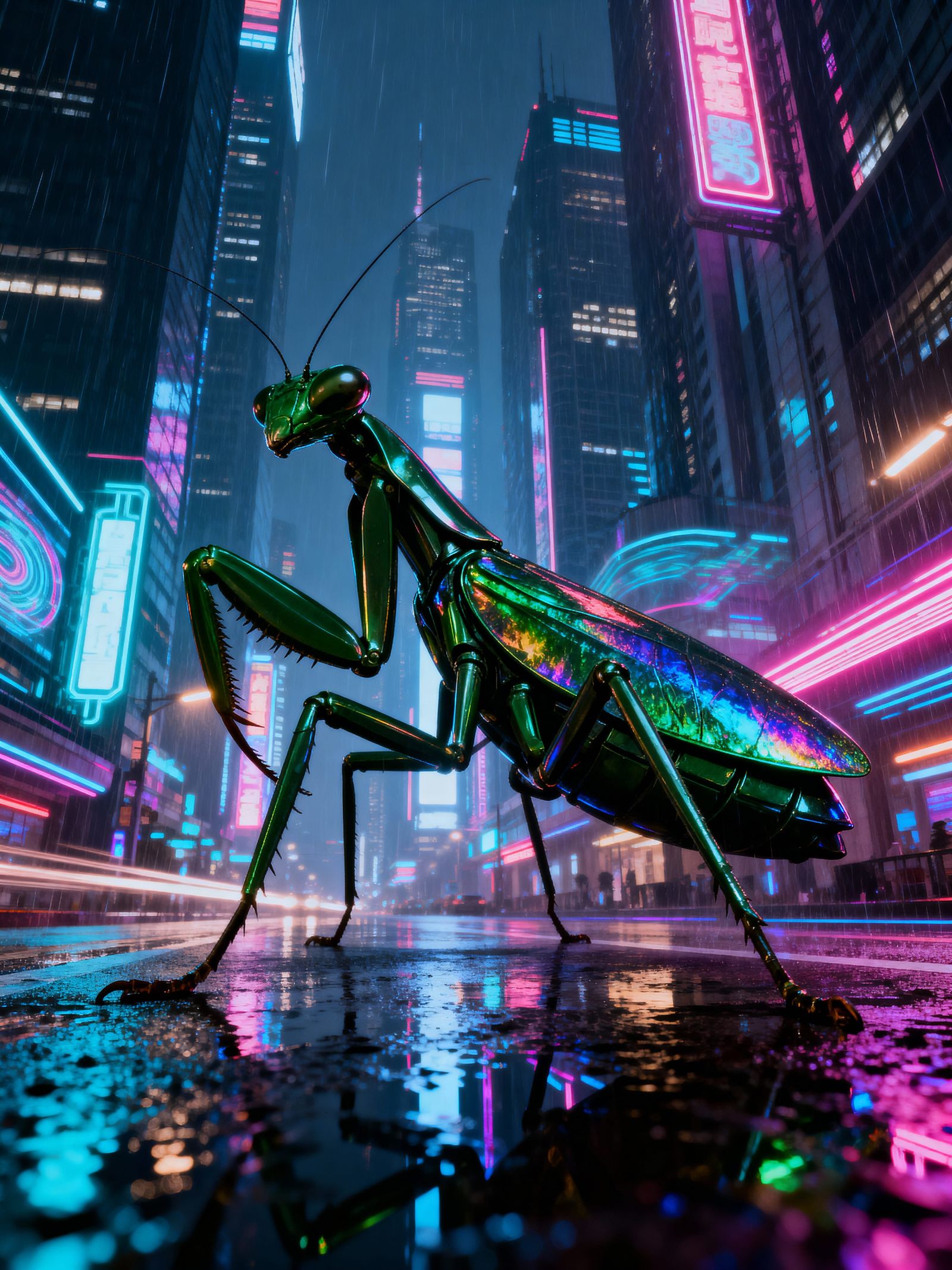 Giant Futuristic Praying Mantis Over Neon Cityscape