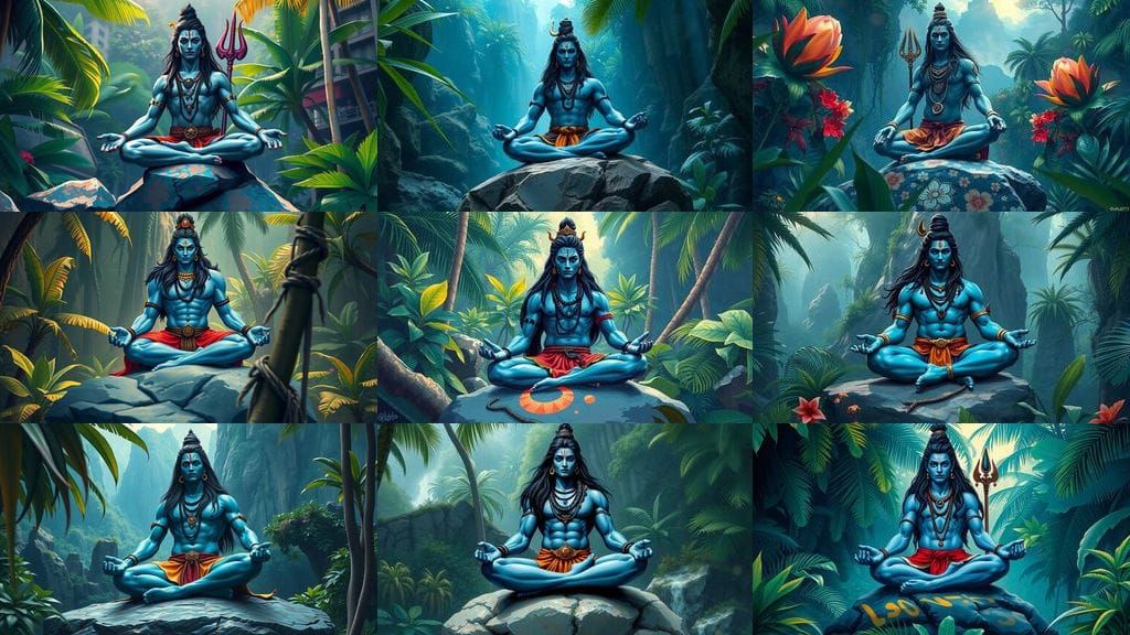 Shiva in Lotus Position: Comic Book Jungle Art