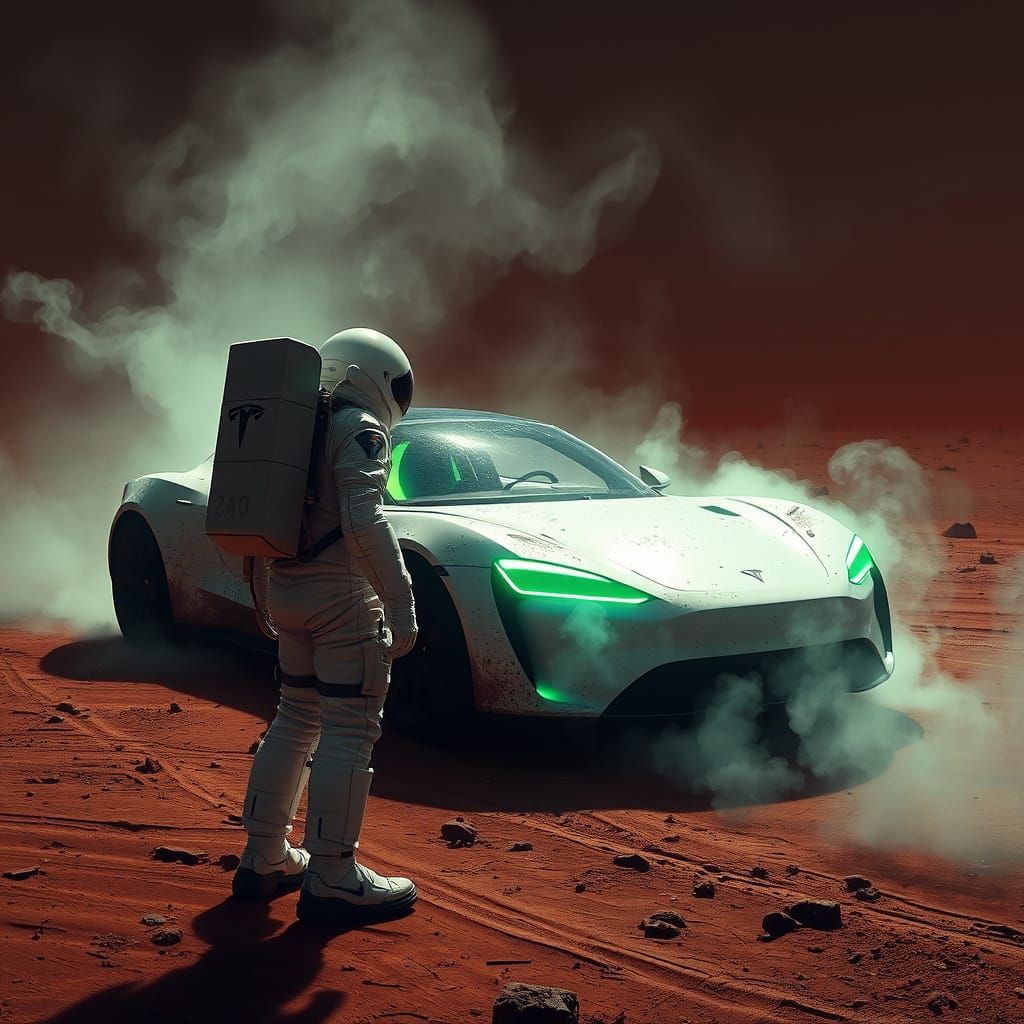 Mysterious Tesla Roadster on Mars in Dystopian Hues