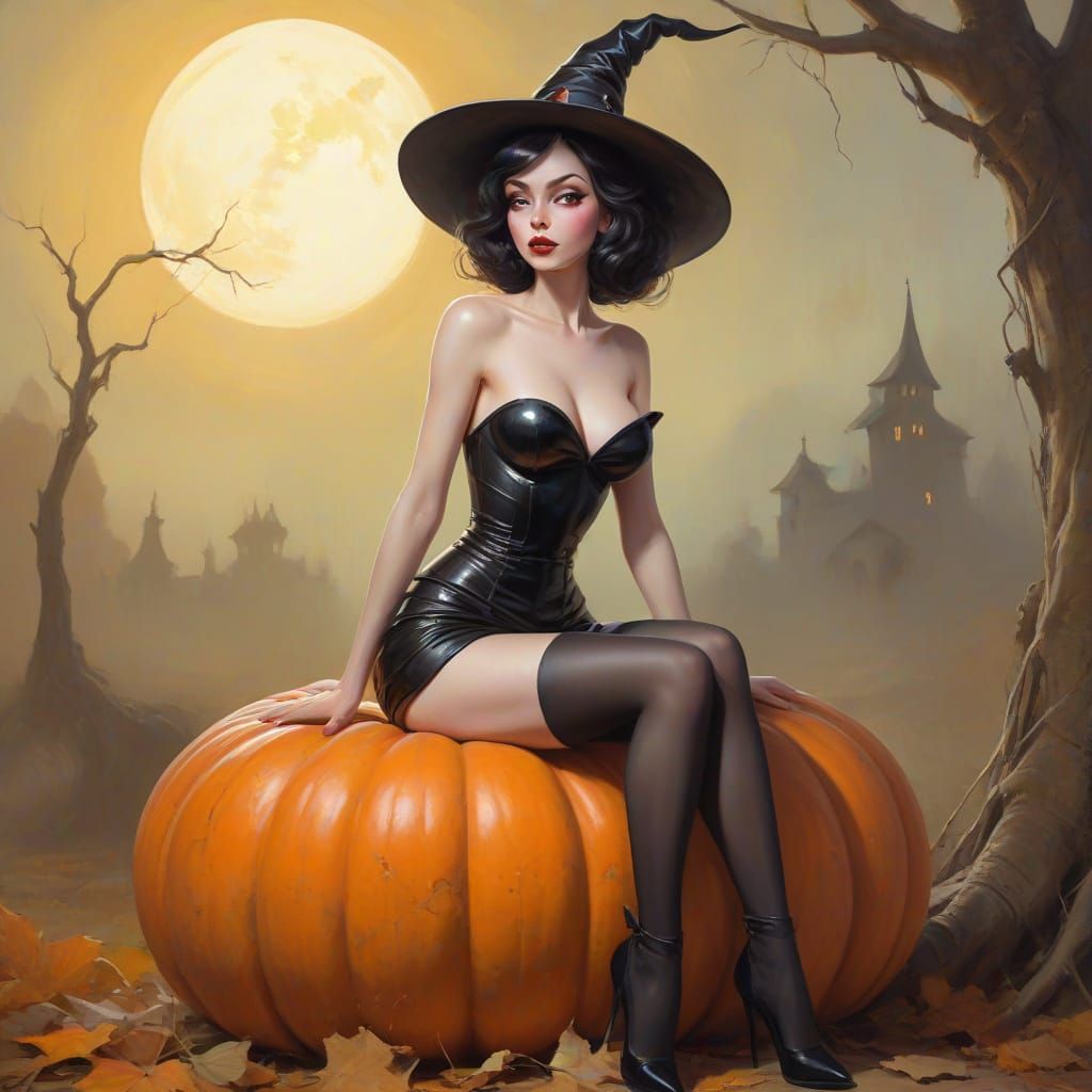 Surreal Pin-Up Witch on Pumpkin in Dreamlike Style