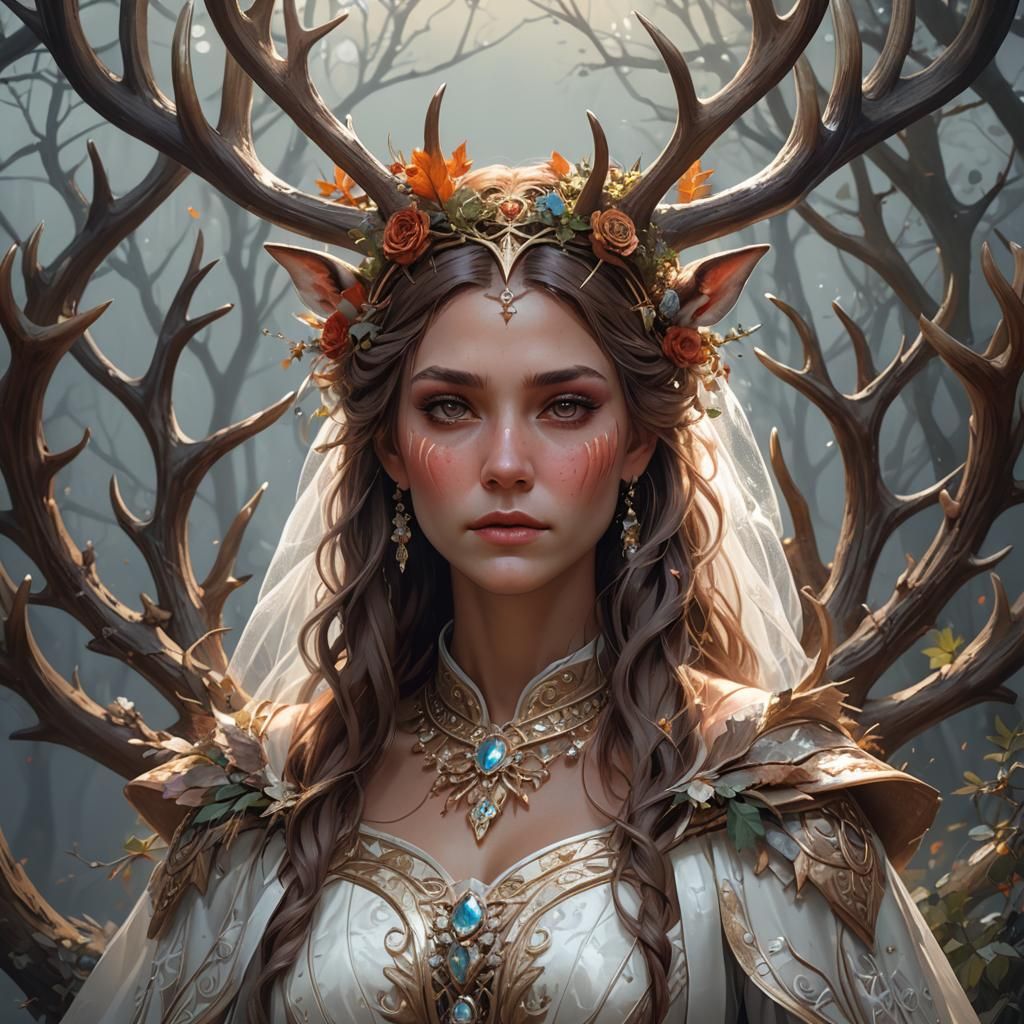 Antlered Bride Portrait in Hyperdetailed Style