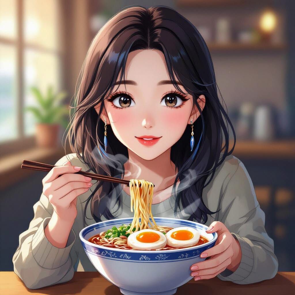Korean Girl Enjoys Ramen in Vibrant Anime Style