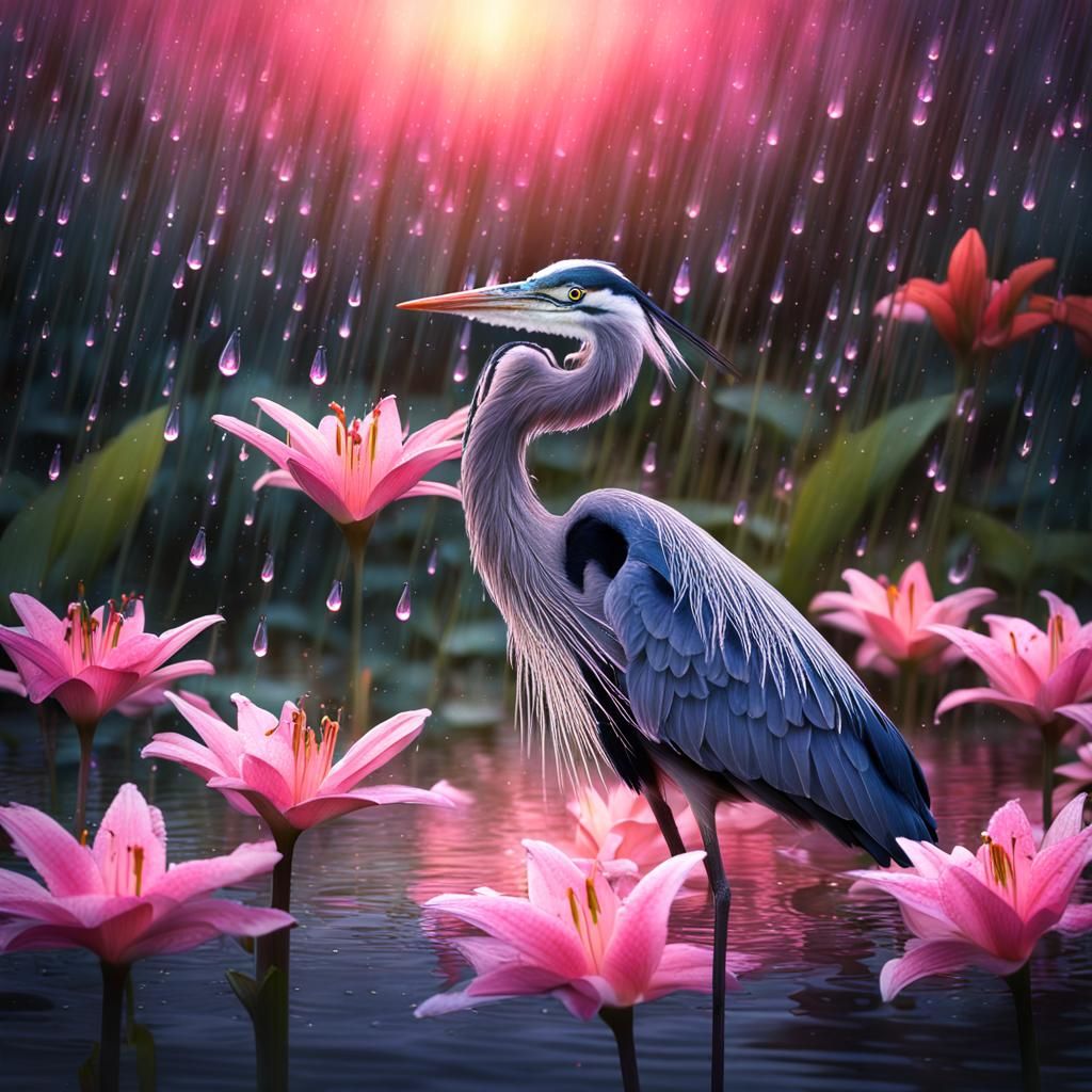 Heron in Luminous Lily Garden Double Exposure