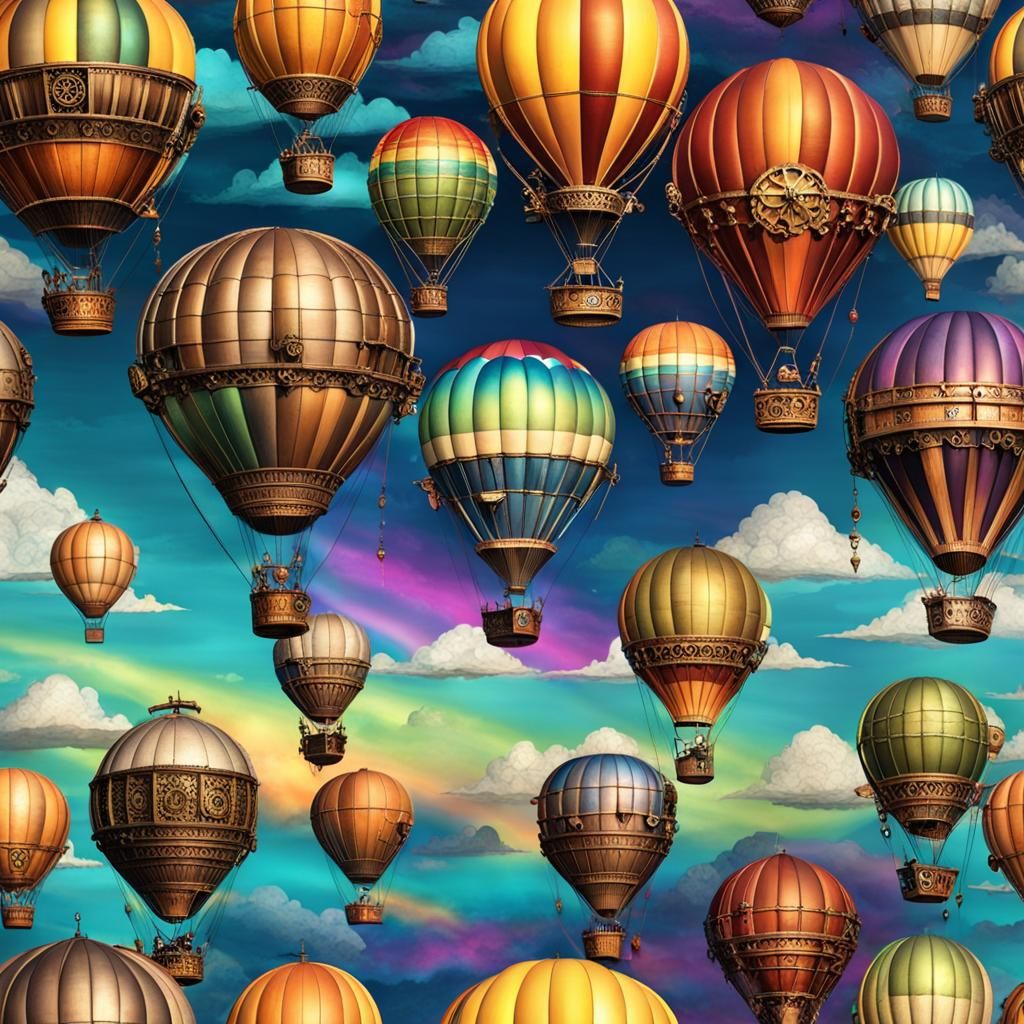 Steampunk Hot Air Balloons in Rainbow Sky