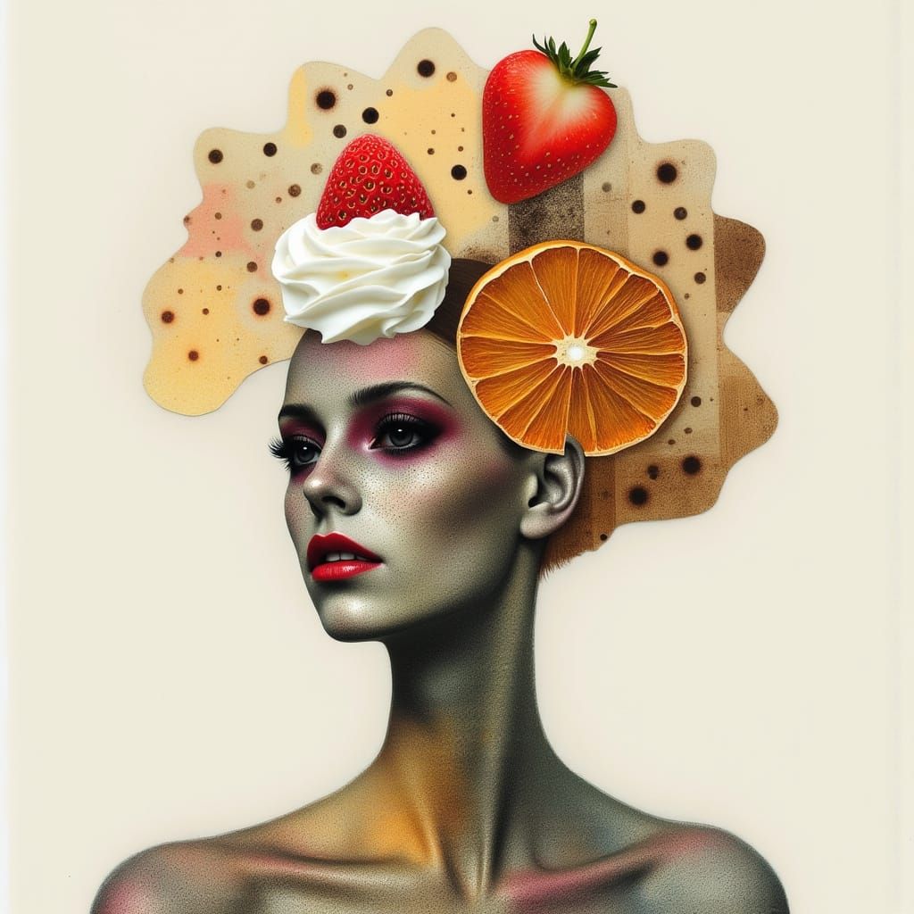 Abstract Woman with Food Hair in Minimalist Style
