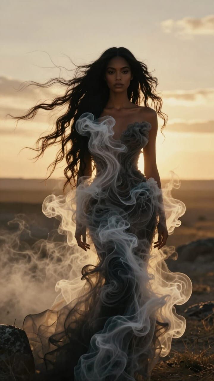 Avant-Garde Smoke Fashion Model at Golden Hour