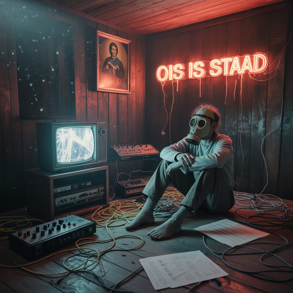 Surreal Alpine Cabin LP Cover: Analog Techno Horror