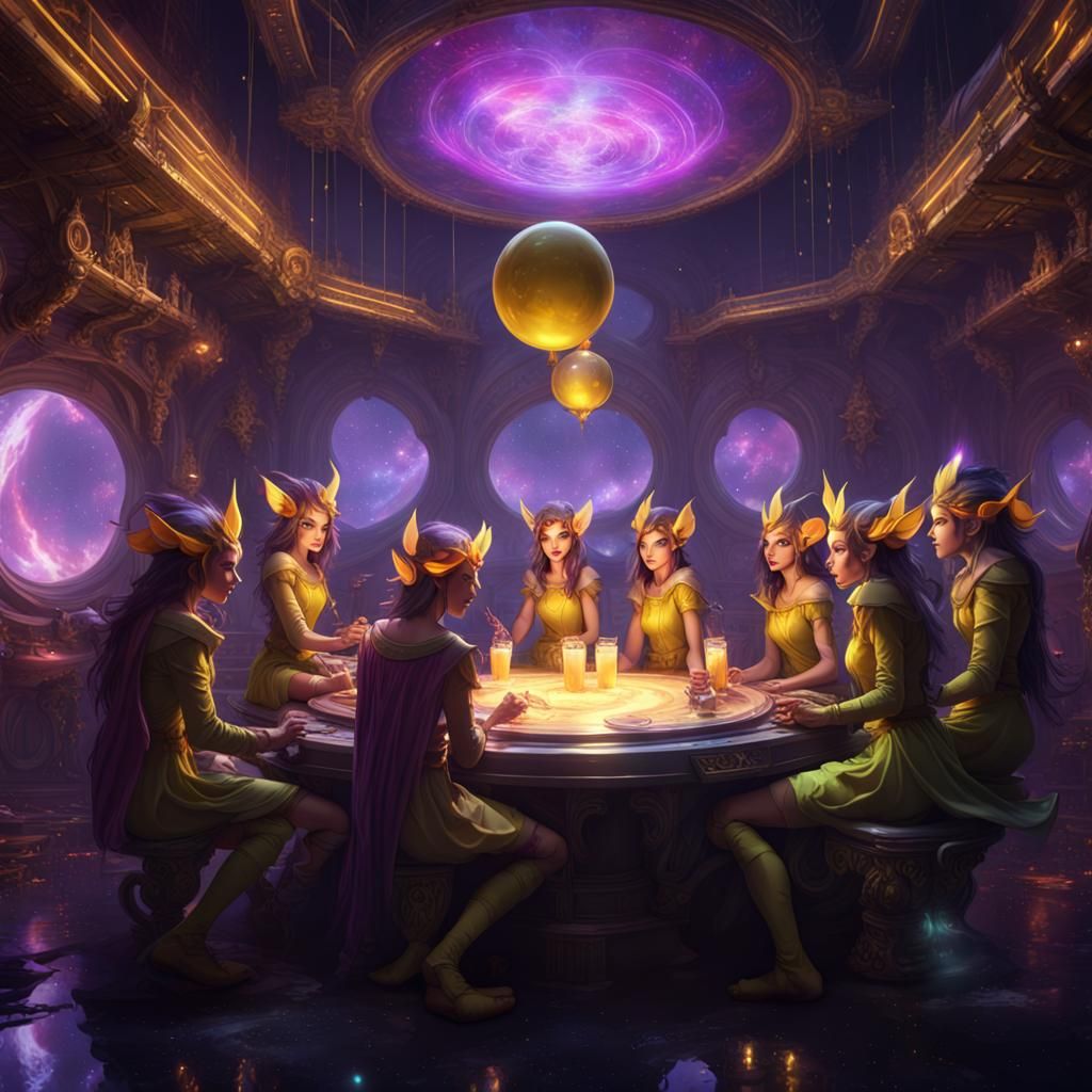 Elves Party in Space Dimension, Dark Fantasy Art