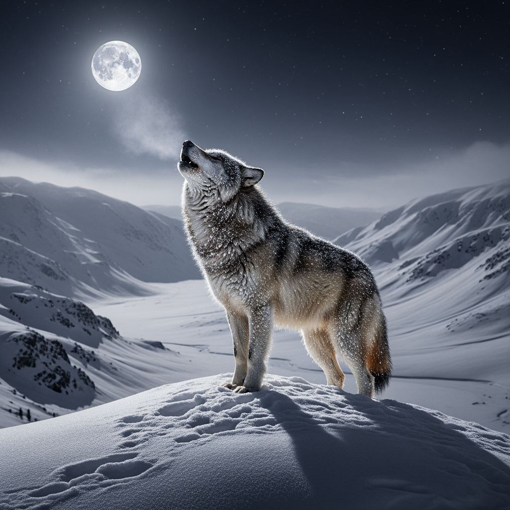 Lone Wolf Howling at Moon in Hyperrealistic Style
