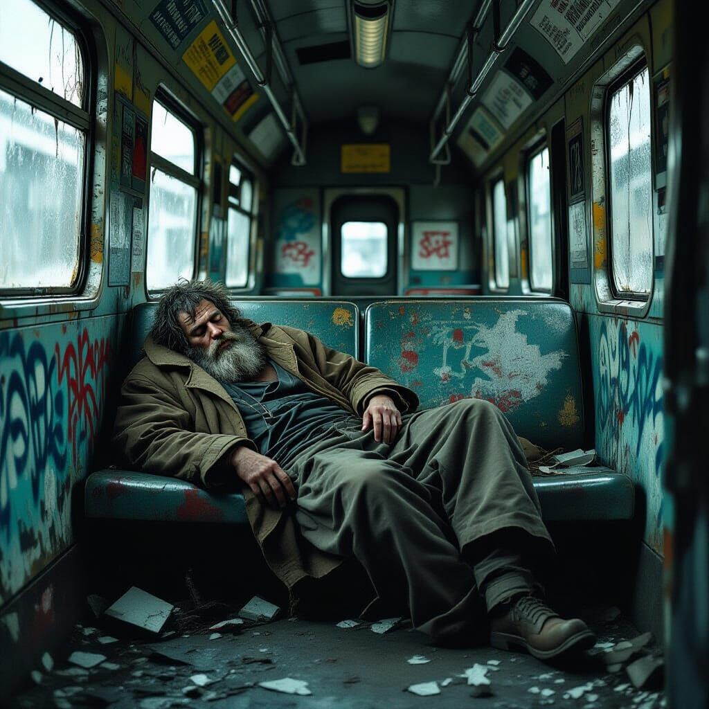 Homeless Man Sleeps in Abandoned Train Car, Comic Style
