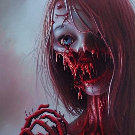 Creepy Zombie Girl in Bloody Horror Oil Painting