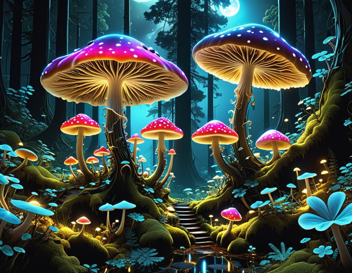 Magical Fluorescent Mushrooms in Dark Forest