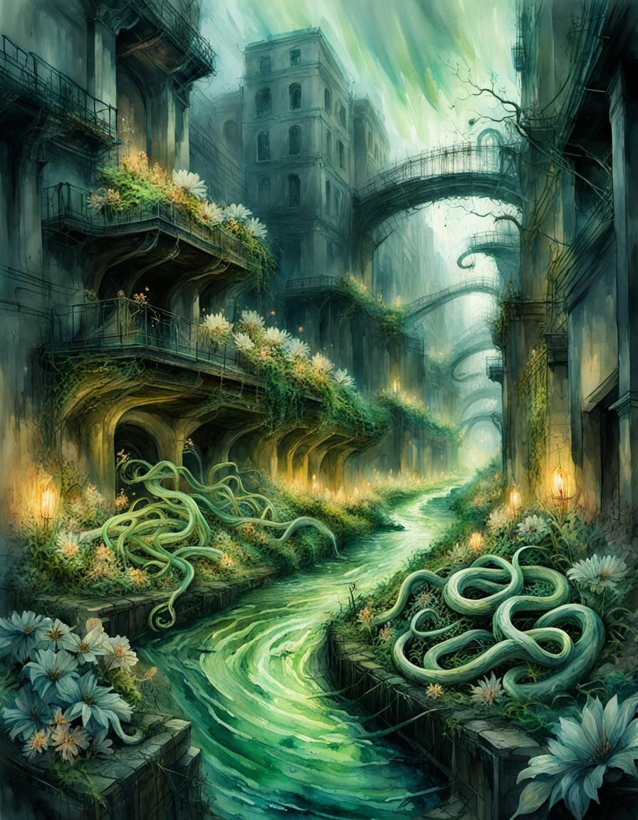 Eerie Flower and Bones in a Dark Fantasy City