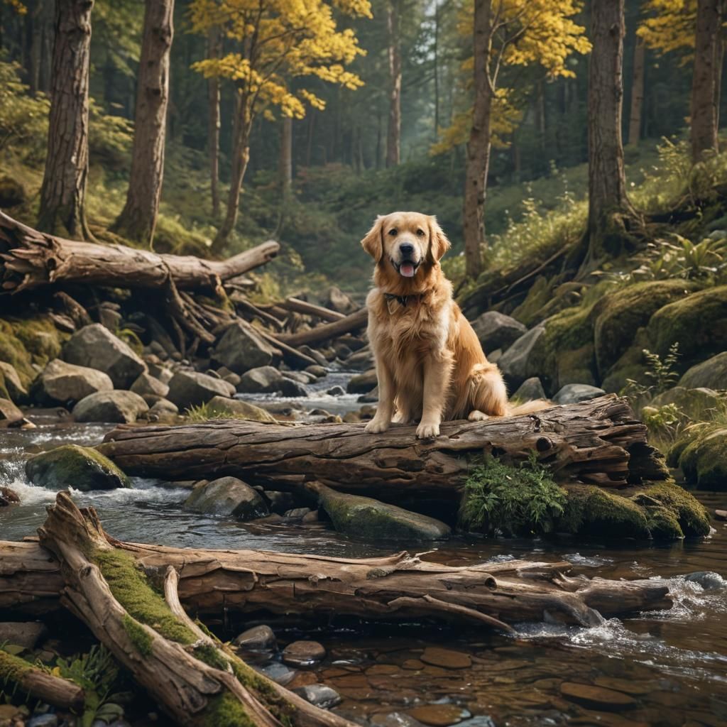 Golden Retriever Beside Forest Stream: Matte Painting