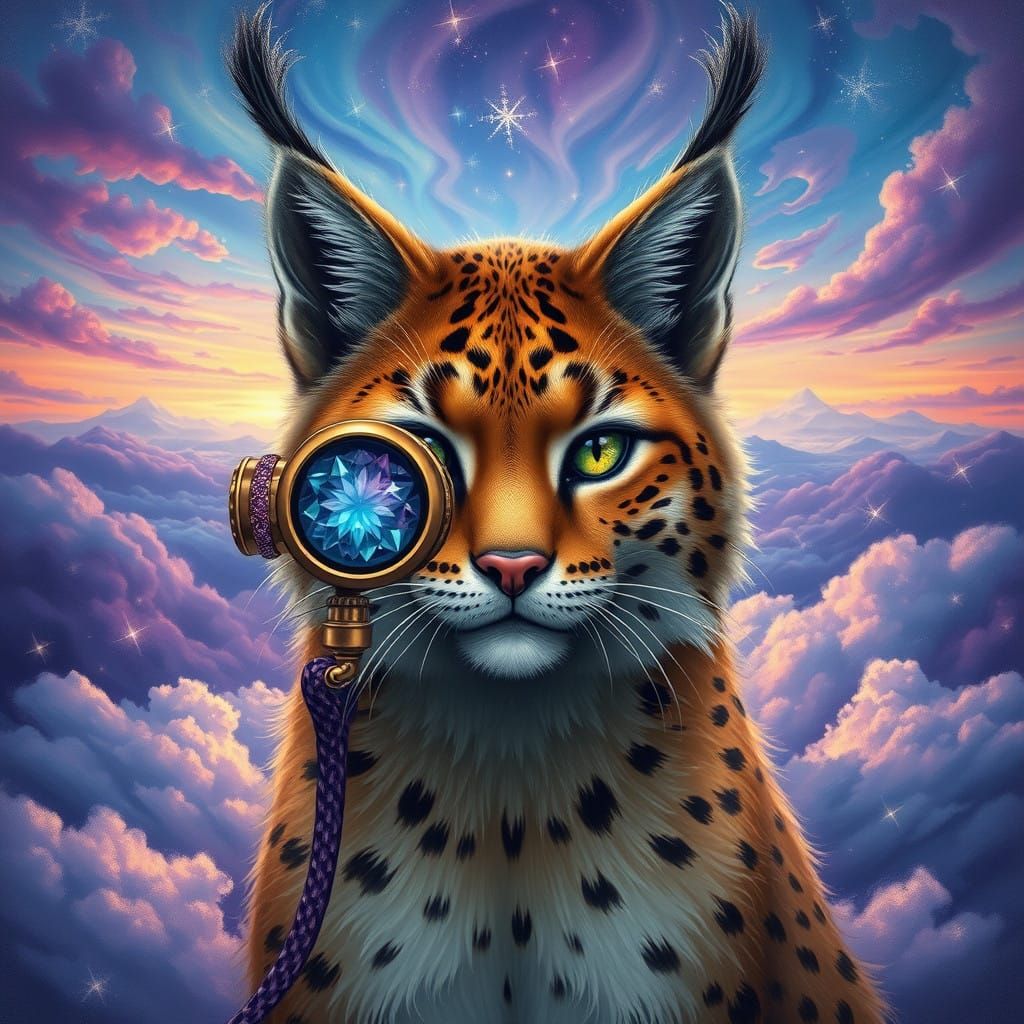 A lynx gazing through a delicate, gemstone-encrusted spyglas...