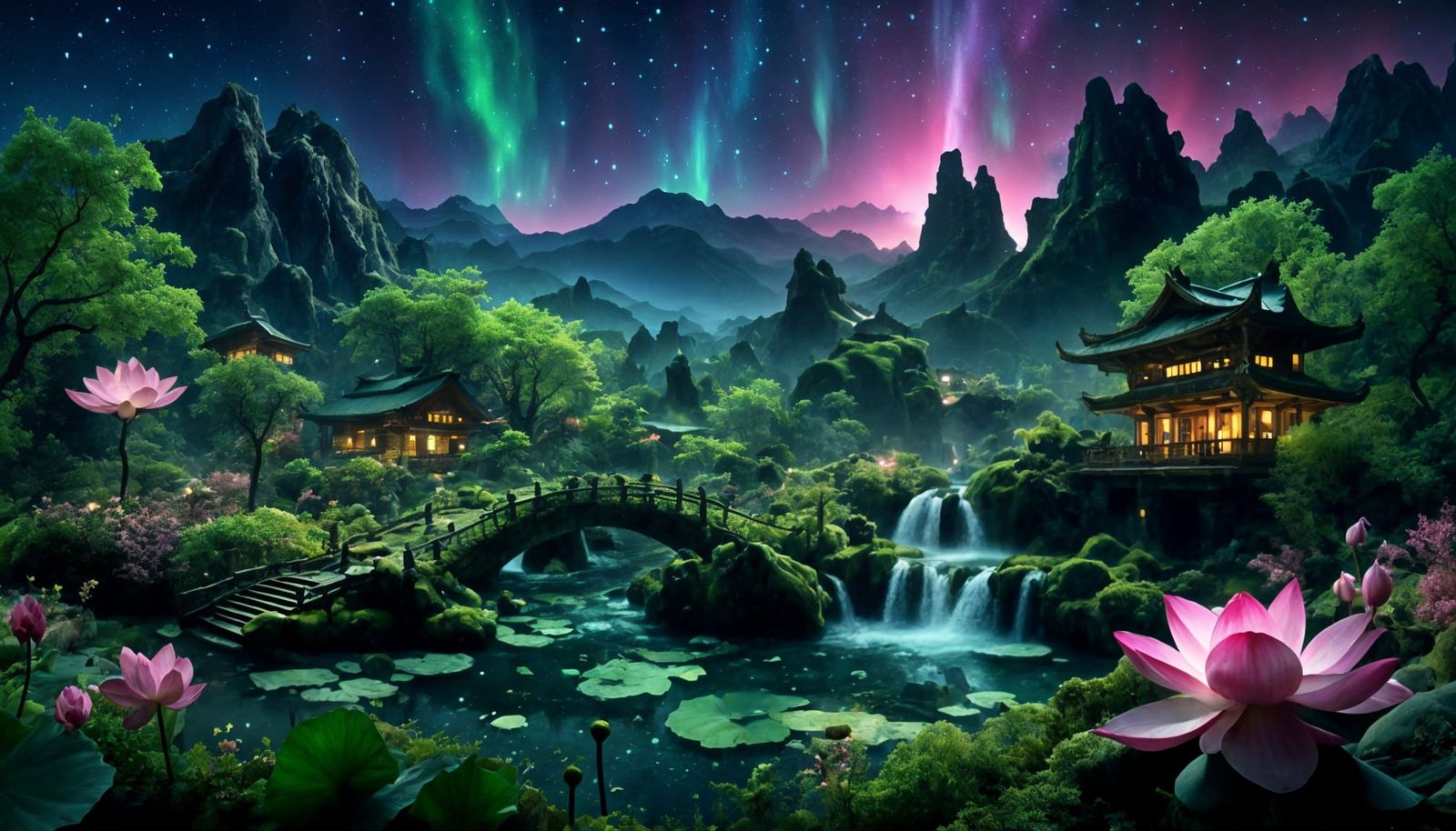 Magical Japanese Garden Under Aurora Borealis Sky
